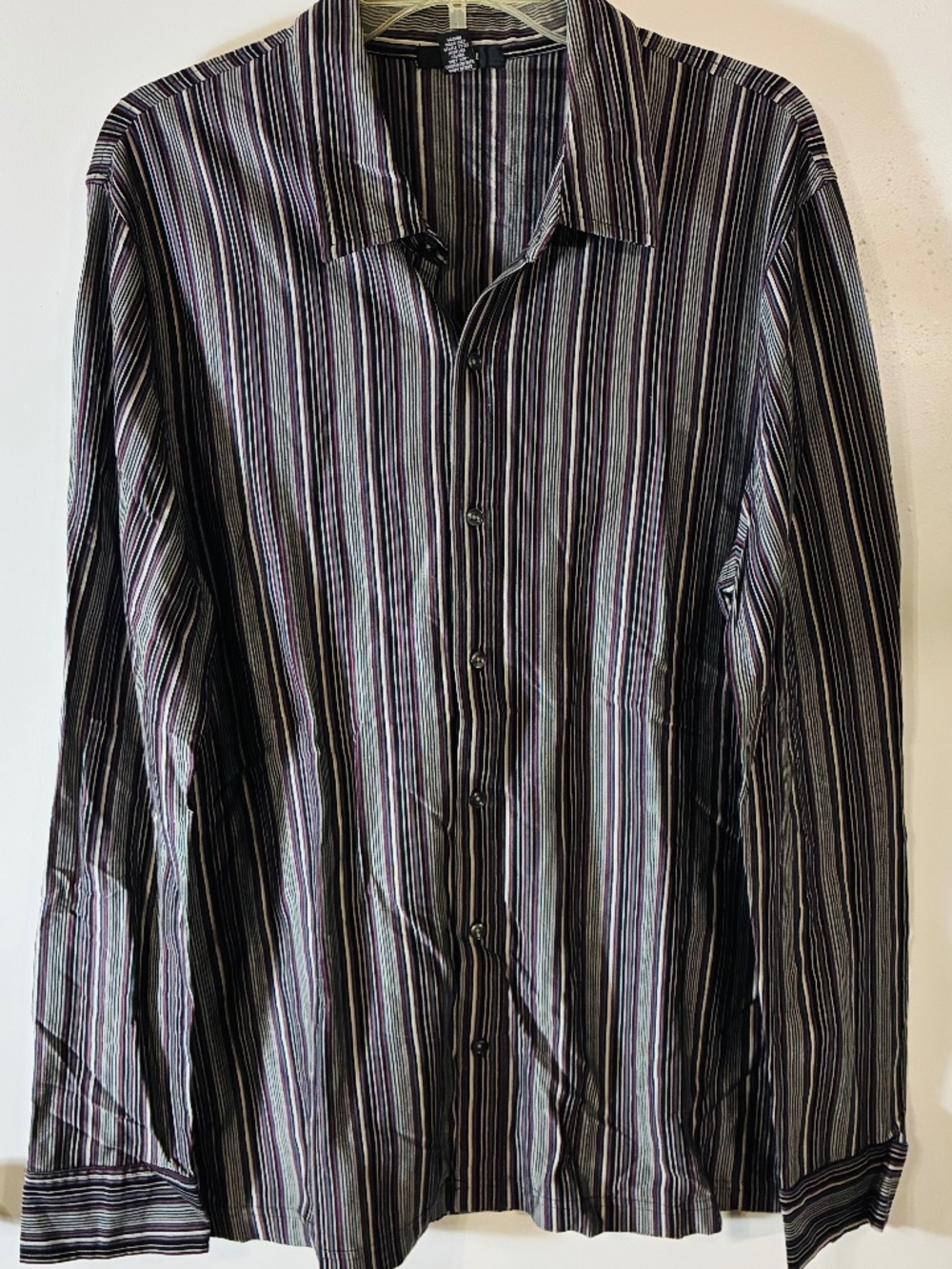 ALFANI MENS LONG SLEEVE BUTTONED SHIRT 100% COTT BURGUNDY/GREY/BLK STRIPED SZ L